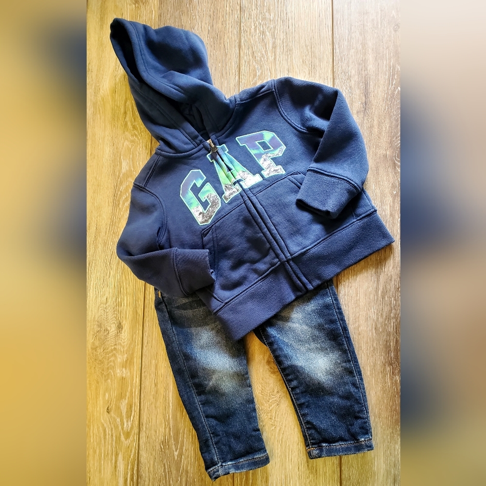 Toddler boy's GAP zip up navy hoodie/novelty night embroidered logo Sz 18-24 mo